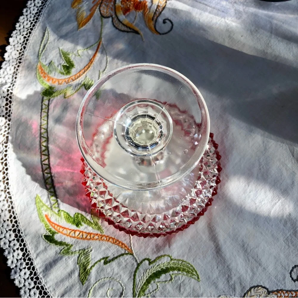 Vintage Indiana Glass Diamond Cut Pedestal Compote Dish. Ruby Flashing. 7.5